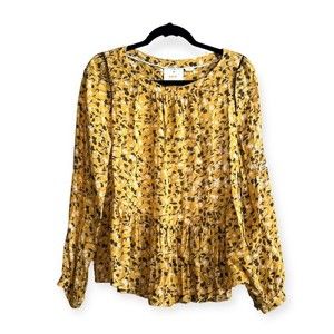 Maeve Anthropologie Yellow Ditsy Floral Peplum Blouse Womens Size S